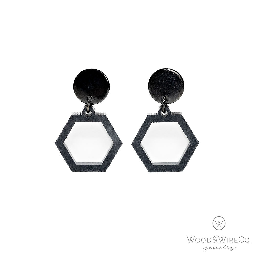 Black Hexagon Earrings with black circle finding