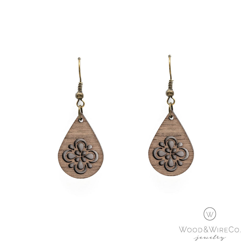 Walnut teardrop earrings with flower cutout