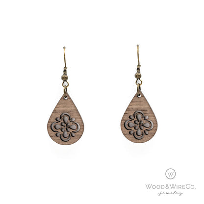 Walnut teardrop earrings with flower cutout