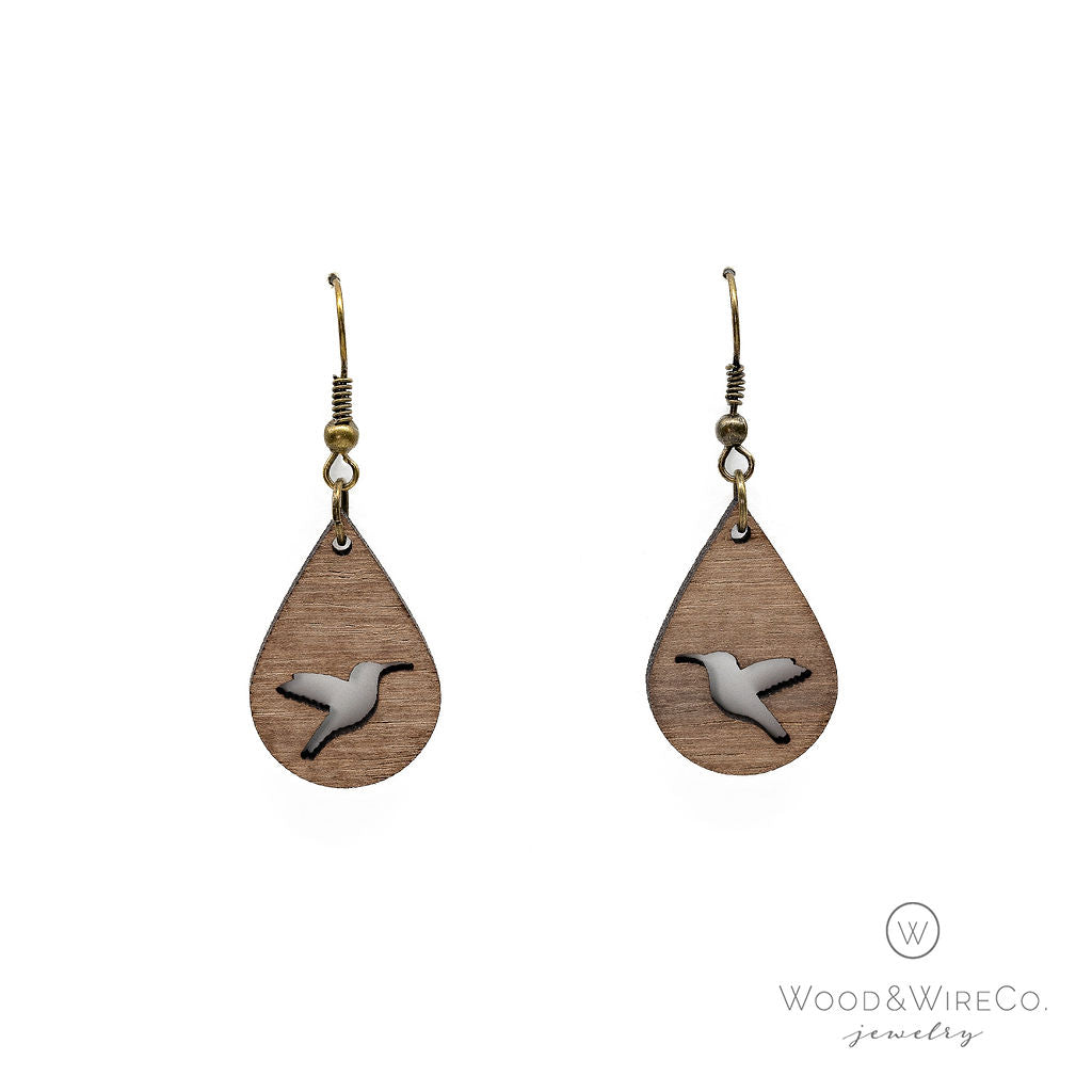 Walnut teardrop earring with Hummingbird cutout