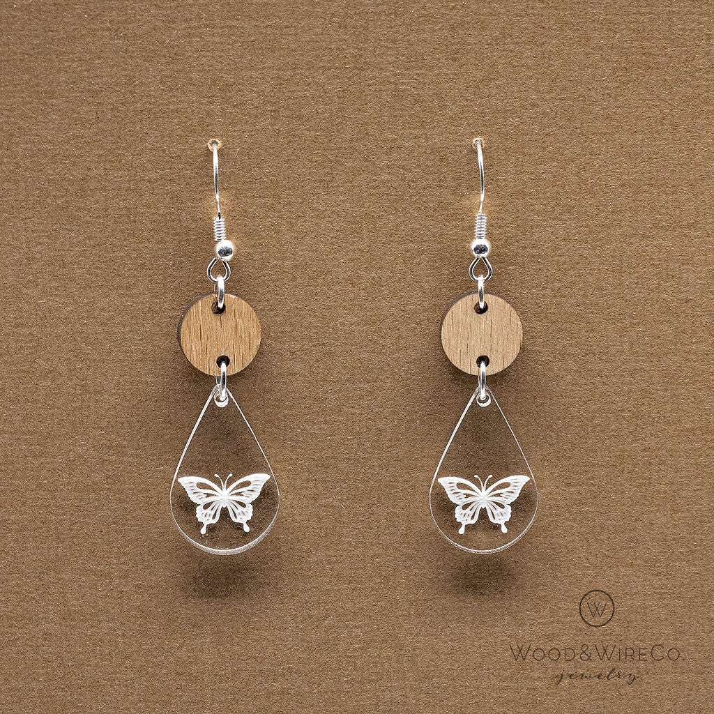 oak and acrylic teardrop dangle earrings with an engraved butterfly