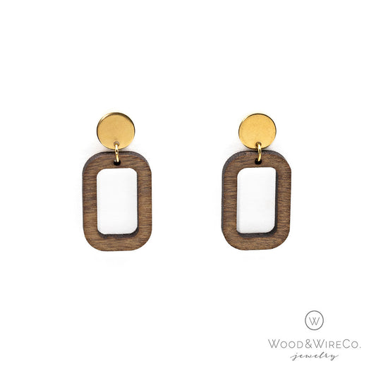 gold ear post with wood dangle earring