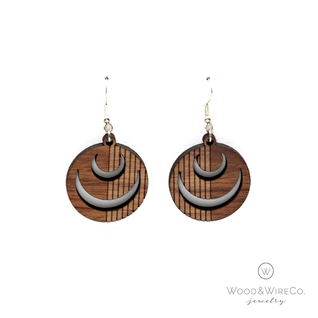 red wood moon earrings