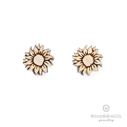 wood sunflower stud earrings