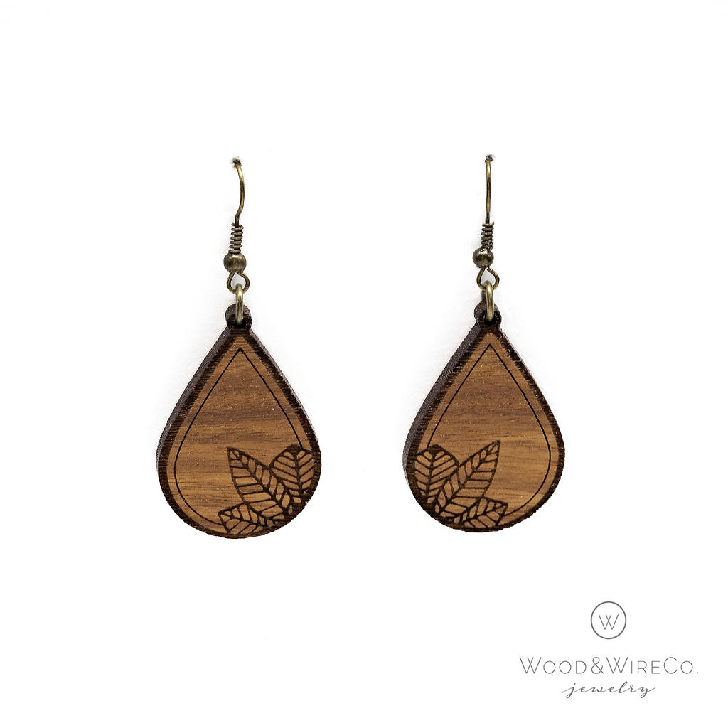 leaf engraved wood teardrop earrings