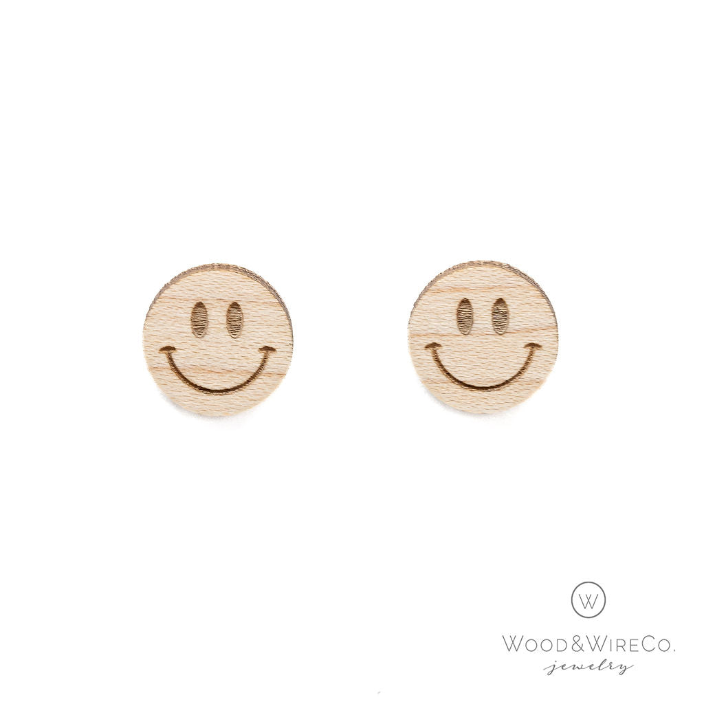 smiley face wood stud earrings