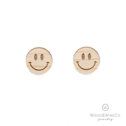 smiley face wood stud earrings