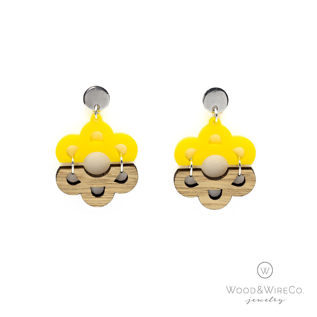 yellow and wood flower earrings