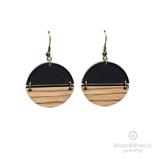 round black and wood earrings