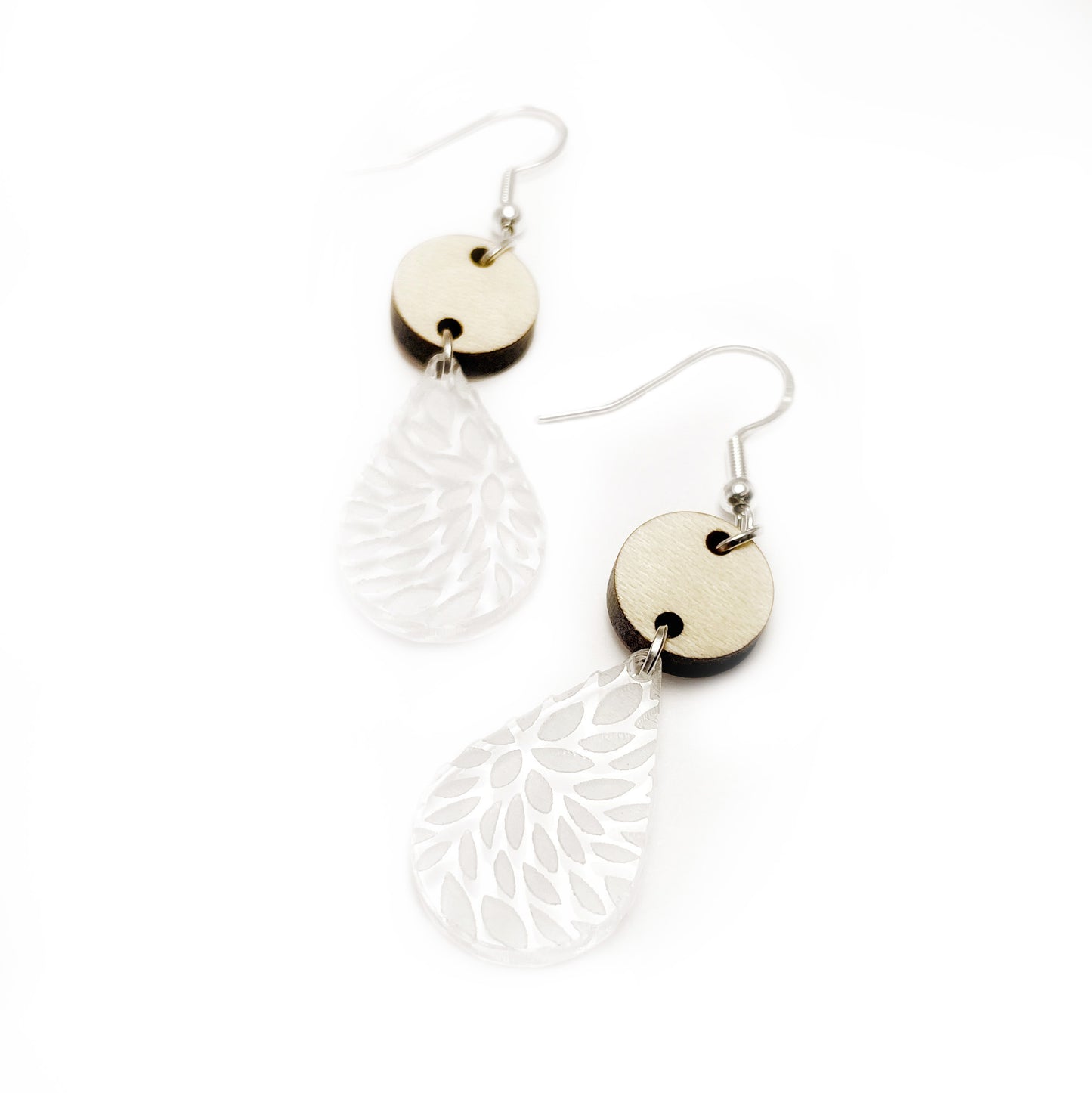 oak and acrylic teardrop dangle earrings on white background