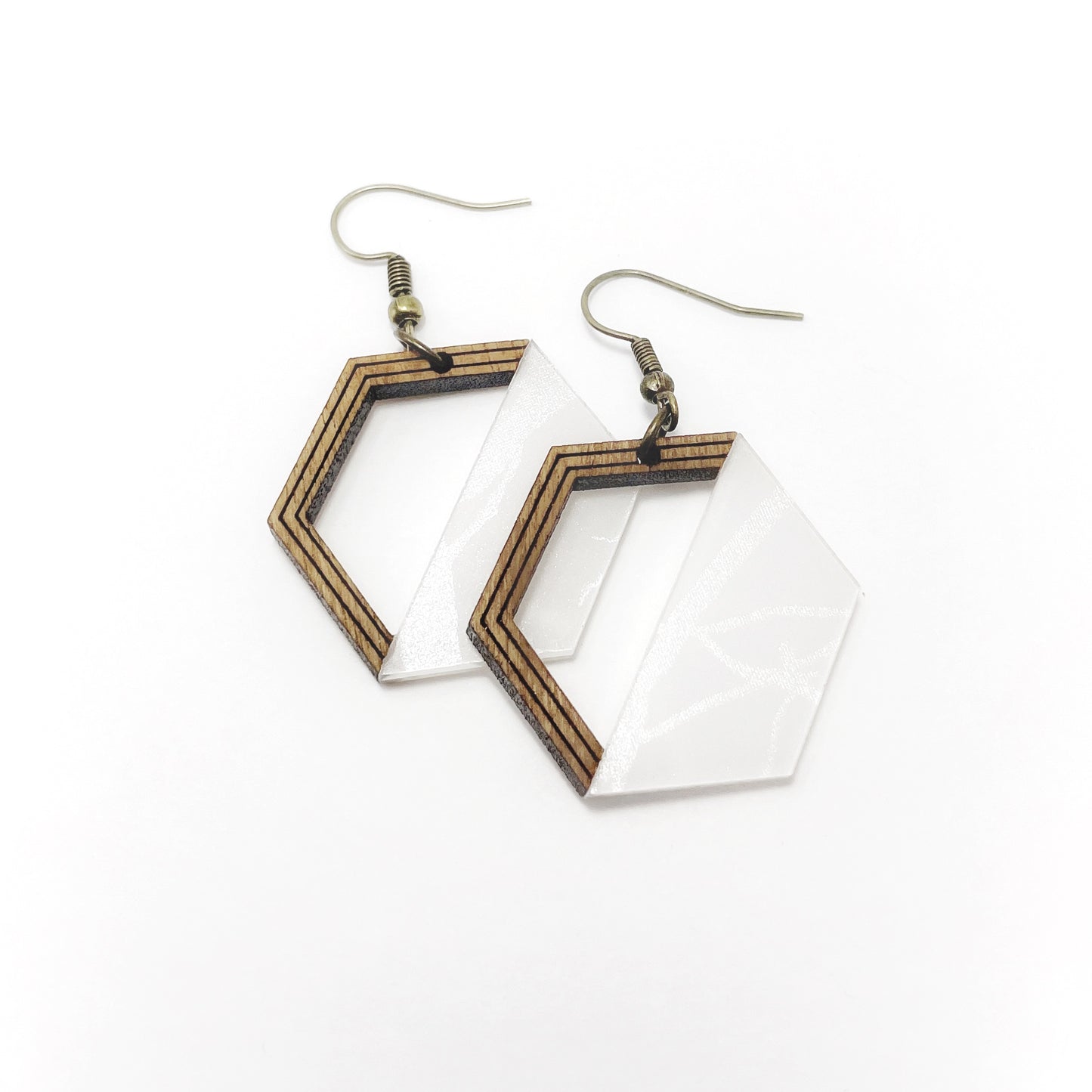 medium wood and marbled acrylic dangled hoop-like earrings