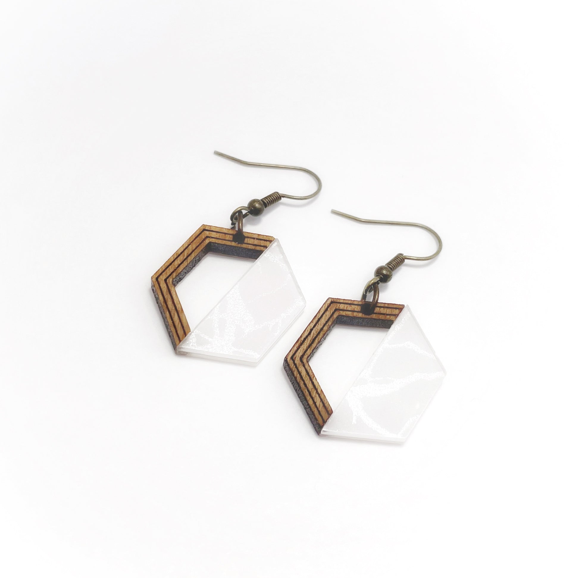 small wood and marbled acrylic dangled hoop-like earrings