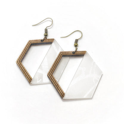 large wood and marbled acrylic dangled hoop-like earrings